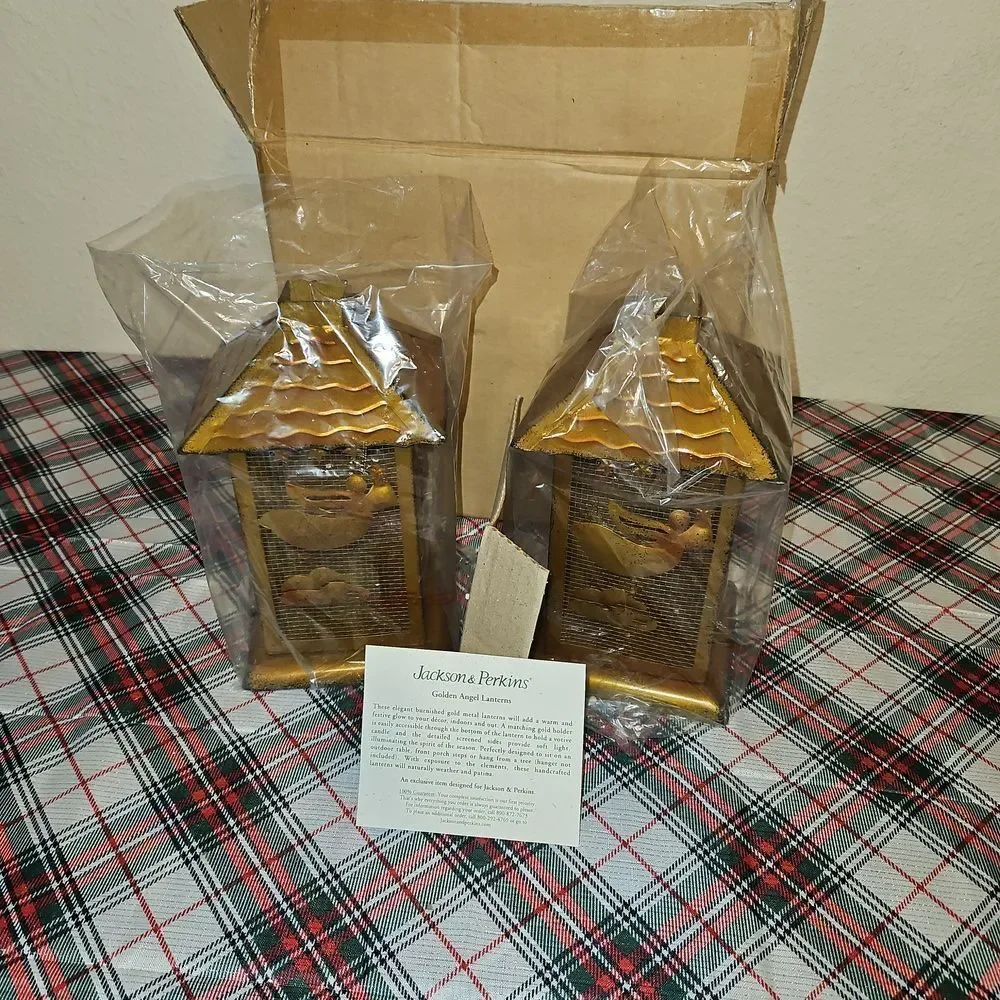 Set of 2 Jackson & Perkins Burnished Golden Angel Metal Lanterns